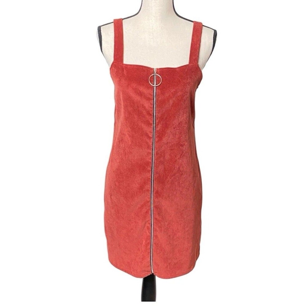 Popular Basics Corduroy Zip Front Mini Dress Burnt Orange XL Streetwear Indie